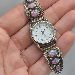 Vintage Sterling Silver Watch Tips Pink Opal Signed RB